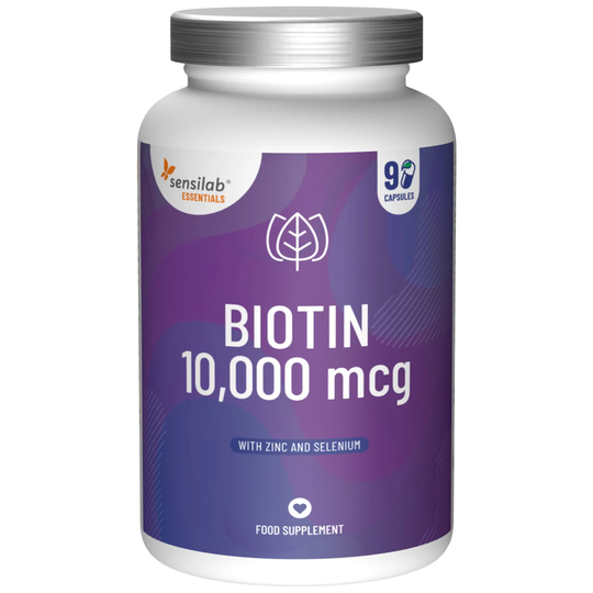 Biotin 10.000 mcg, 90 capsules. Ultra-high biotin (vitamin B7) content with zinc & selenium. Best biotin for hair, nails & skin | Sensilab Essentials