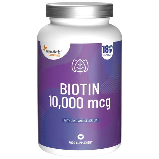 Essentials Biotin 10.000 mcg, 180 capsules. Enriched with zinc and selenium. Beauty complex for hair, skin & nails| Sensilab
