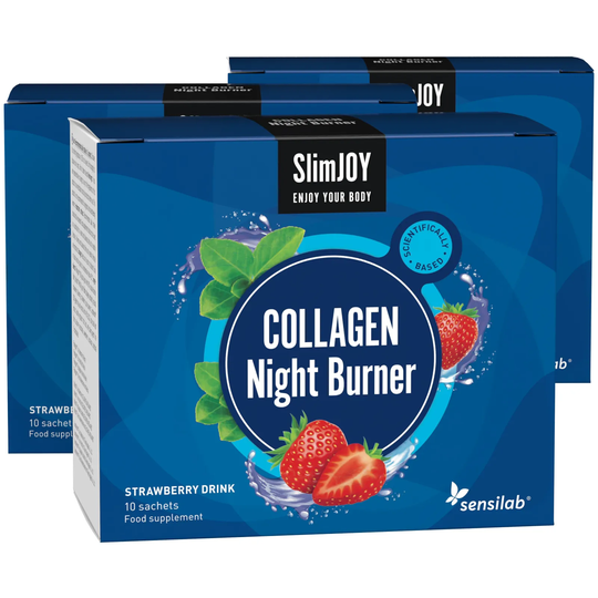 3x Night Burn Collagen: night-time fat-burning and collagen-boosting = less pounds and less wrinkles. With hydrolysed collagen. 3x10 sachets