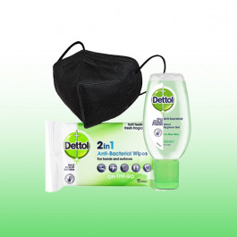 Dettol Duo PPE Bundle (Dettol 2in1 15wipes, Dettol anti-bac hand sanitiser & FFP3 face mask)