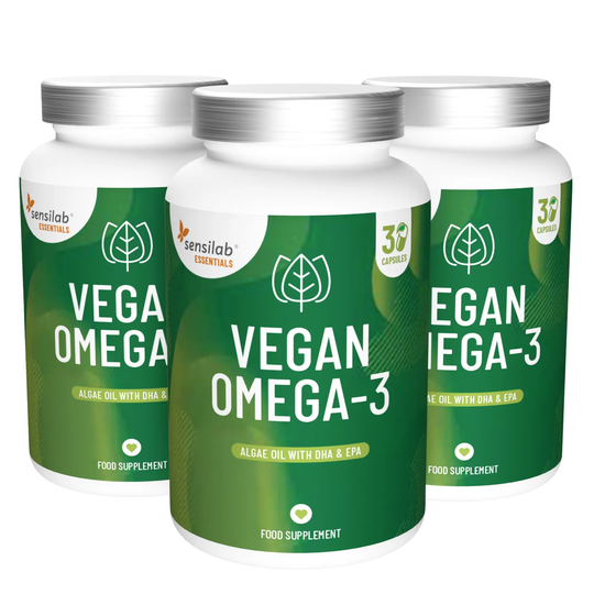 Essentials Vegan Omega-3 3-Pack (90 capsules): 300 mg DHA + 150 mg EPA made from algae oil. 100% vegan. FREE OF heavy metals, dioxins & PCBs. Sensilab
