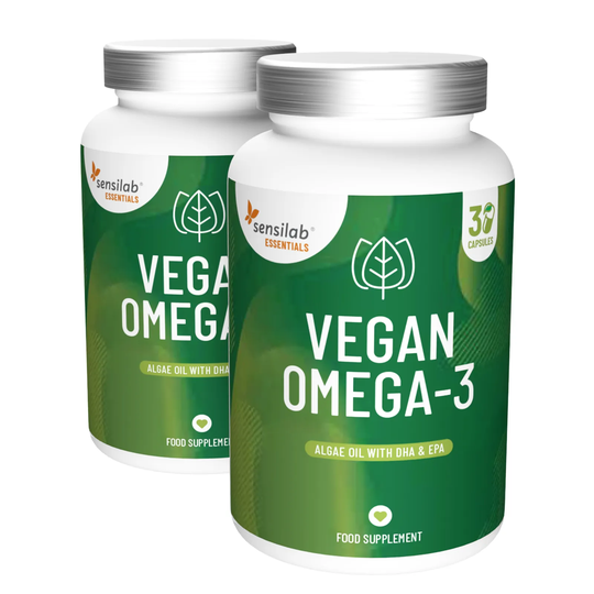 Essentials Vegan Omega-3 2-Pack (60 capsules): 300 mg DHA + 150 mg EPA made from algae oil. 100% vegan. Ultra-pure, controlled cultivation. Sensilab