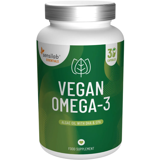 Essentials Vegan Omega-3 (30 capsules): 300 mg DHA + 150 mg EPA made from algae oil. 100% vegan. FREE OF heavy metals, dioxins & PCBs. Sensilab